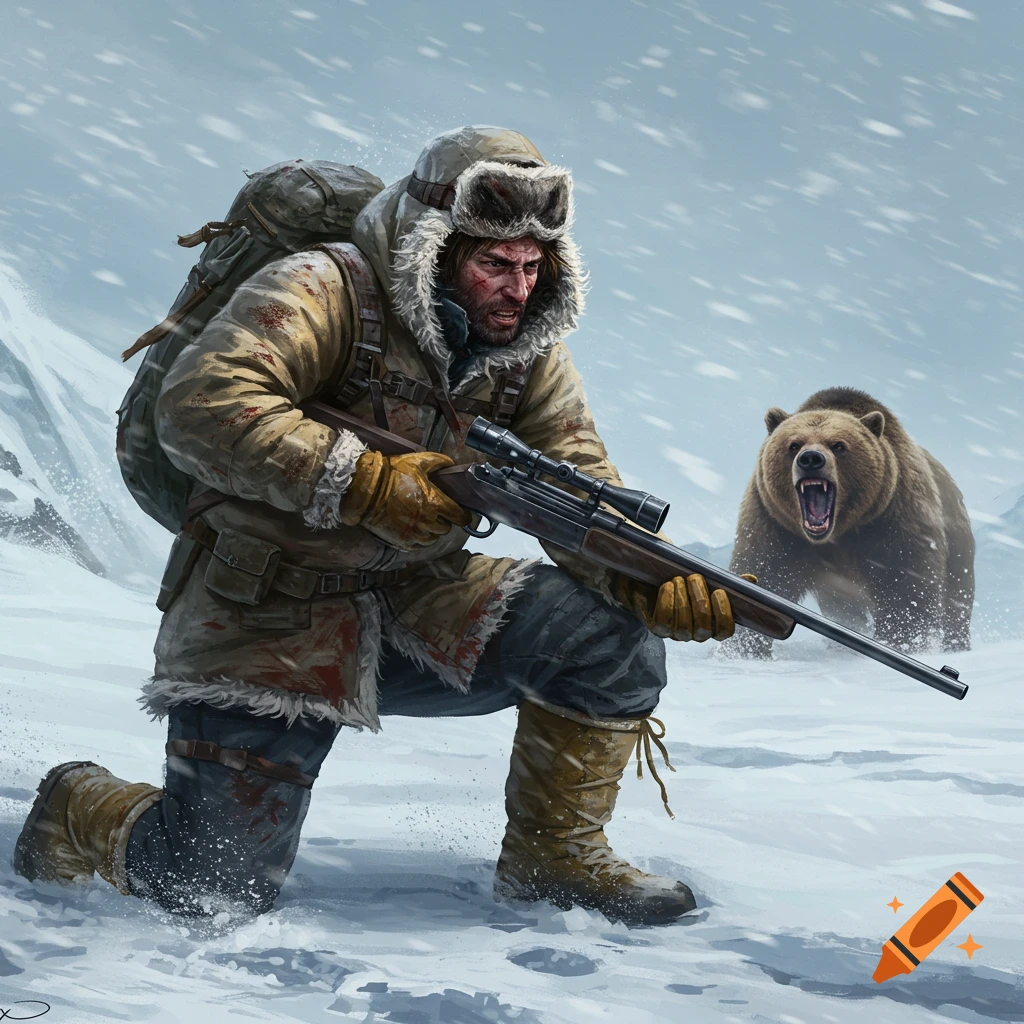 A man with a rifle kneels in snow as an angry bear approaches.