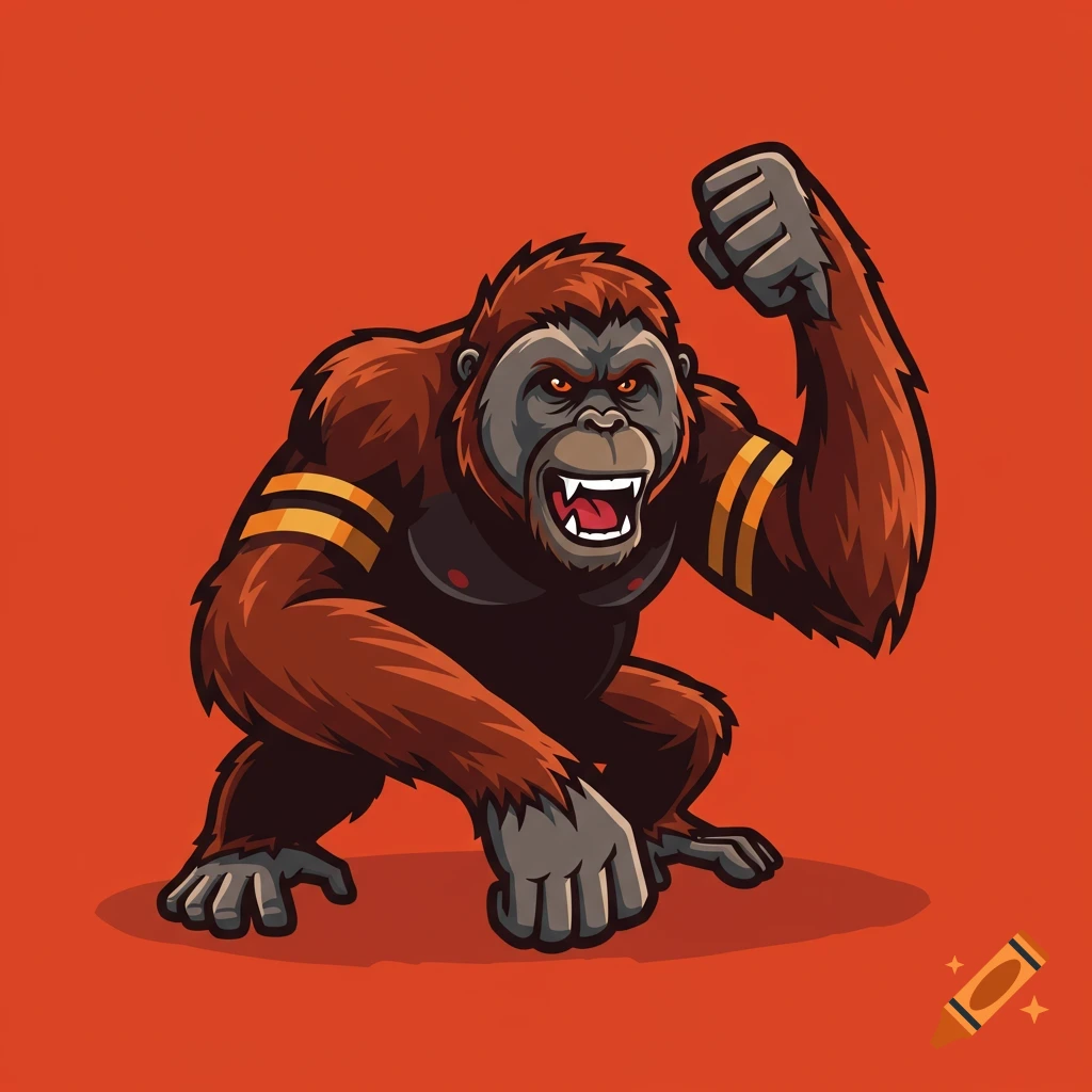 A cartoon orangutan logo with a raised fist, standing in an aggressive pose on an orange background.