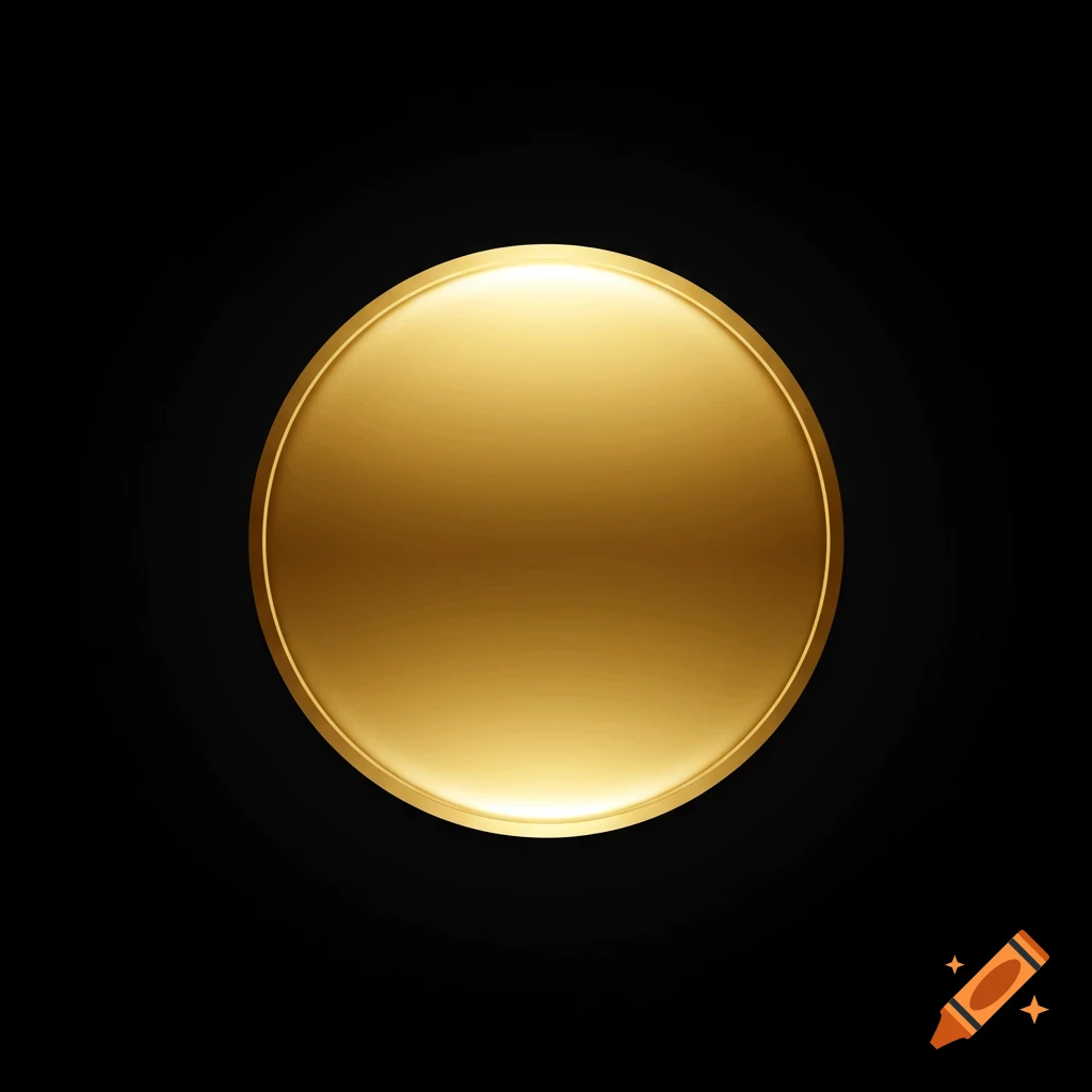 A shiny golden circular button on a black background.