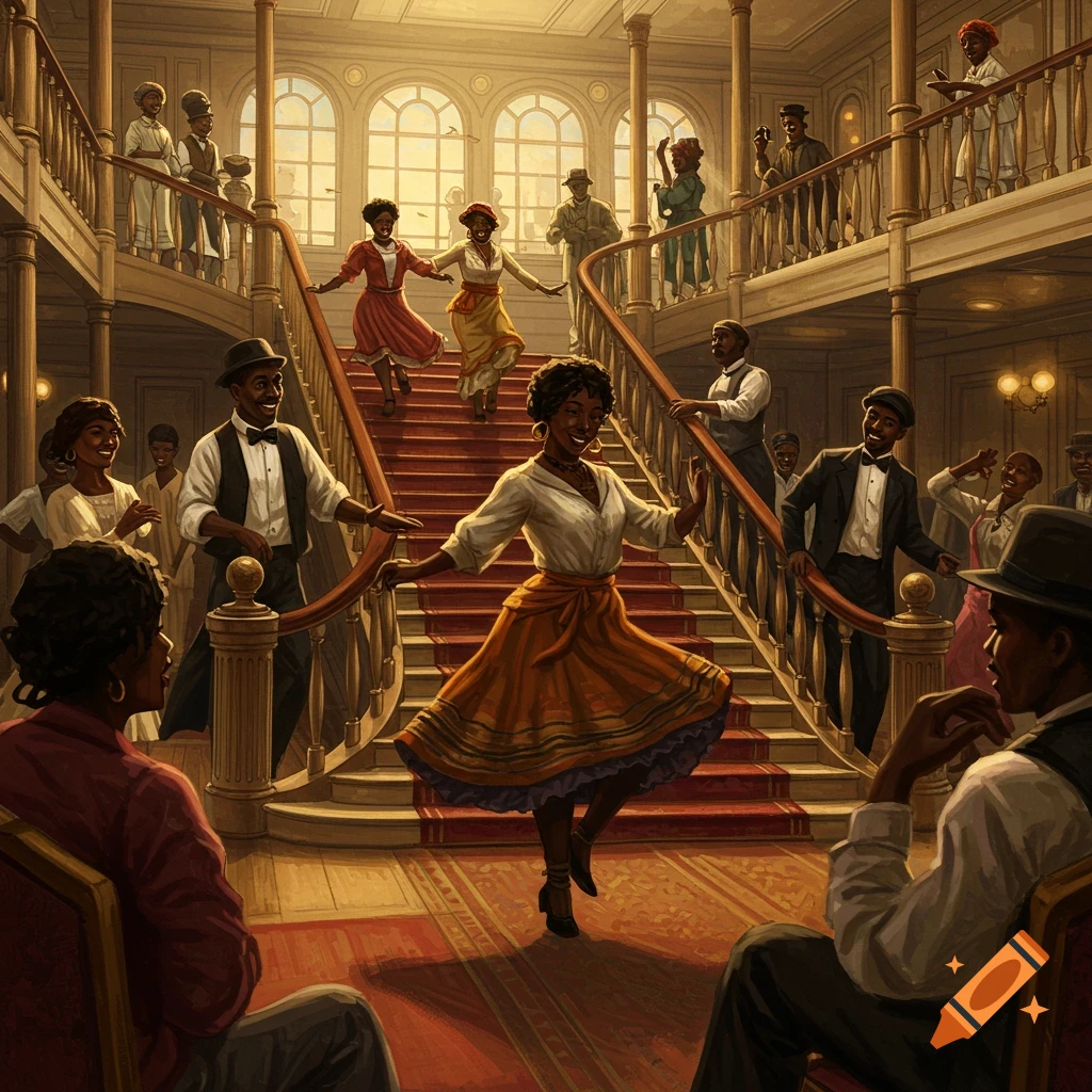 People dancing on a grand staircase inside a ship.