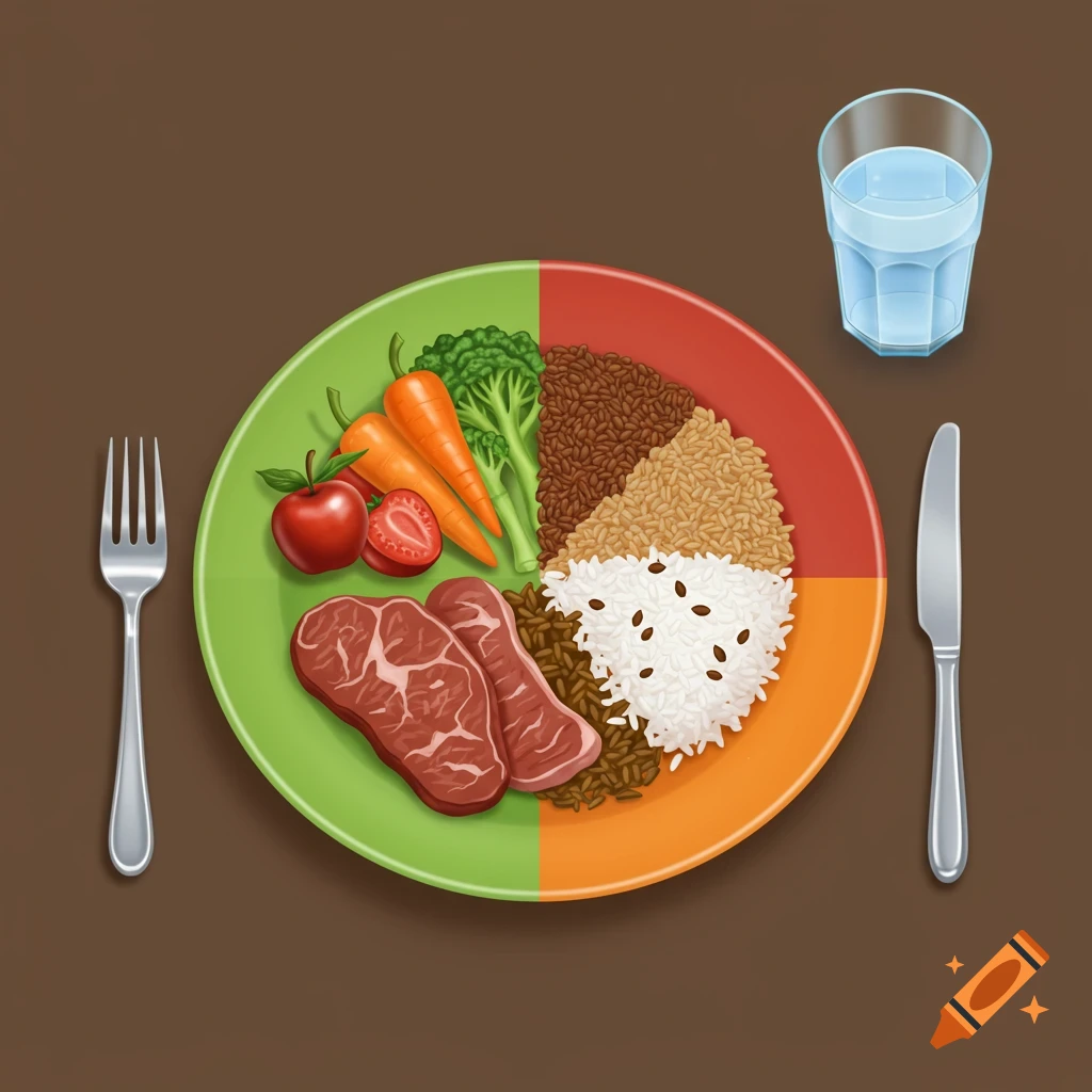 An illustration of a colorful plate divided into sections with vegetables, fruit, meat, rice, and grains, next to a glass of water.