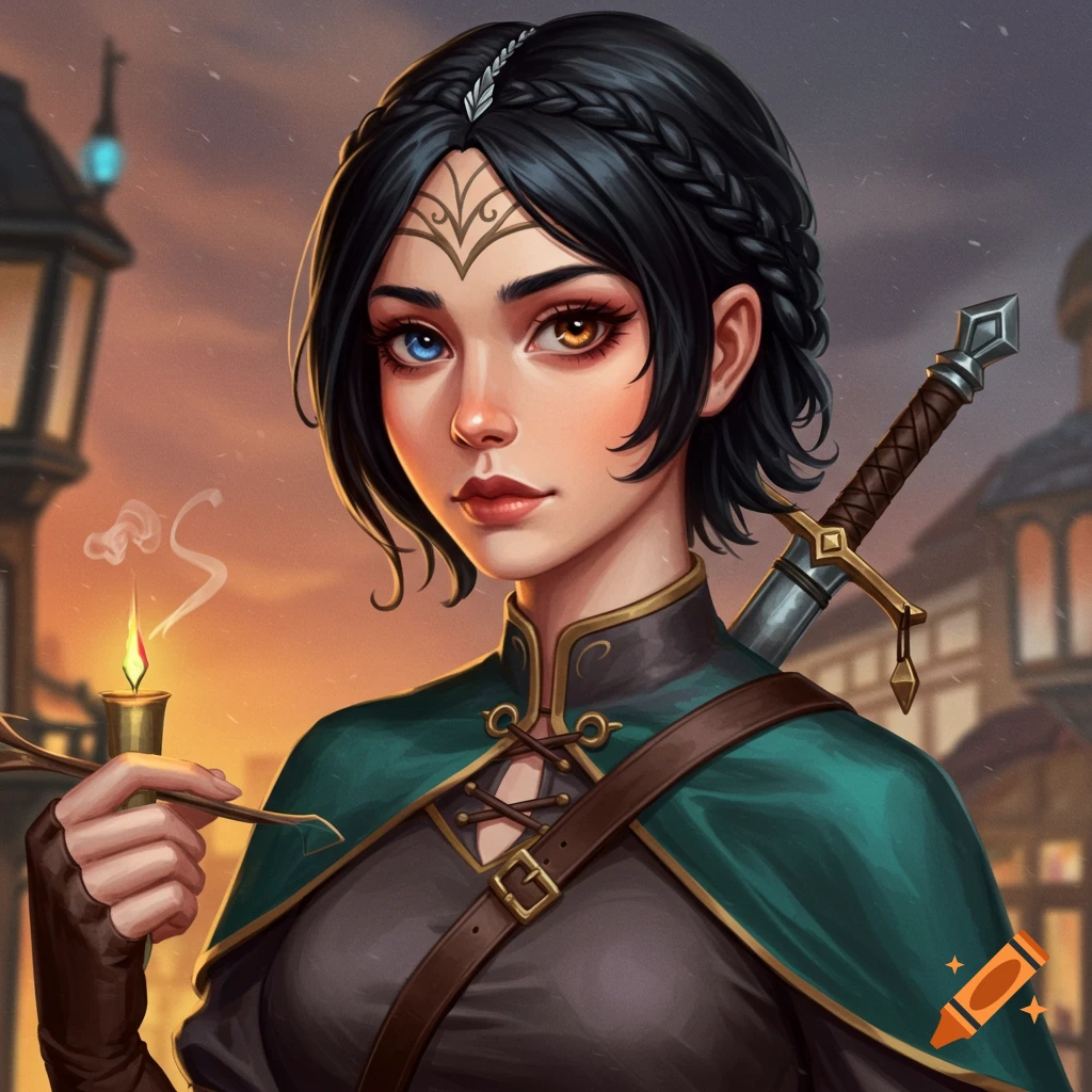 A fantasy woman with heterochromia eyes, holding a smoking pipe and carrying a sword.