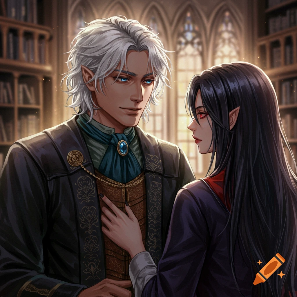 Two fantasy characters with pointed ears look at each other in a library.