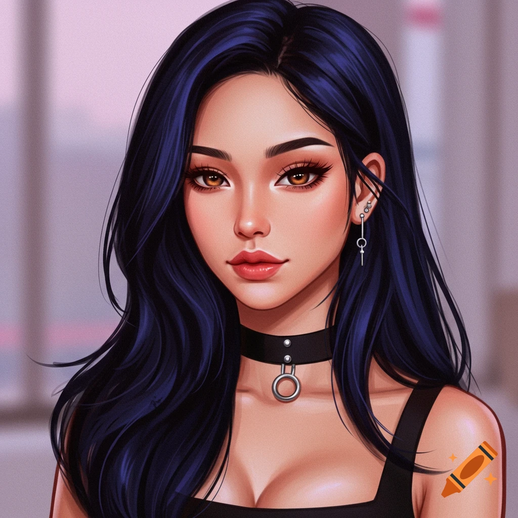 Anime style portrait of a woman with dark hair and brown eyes