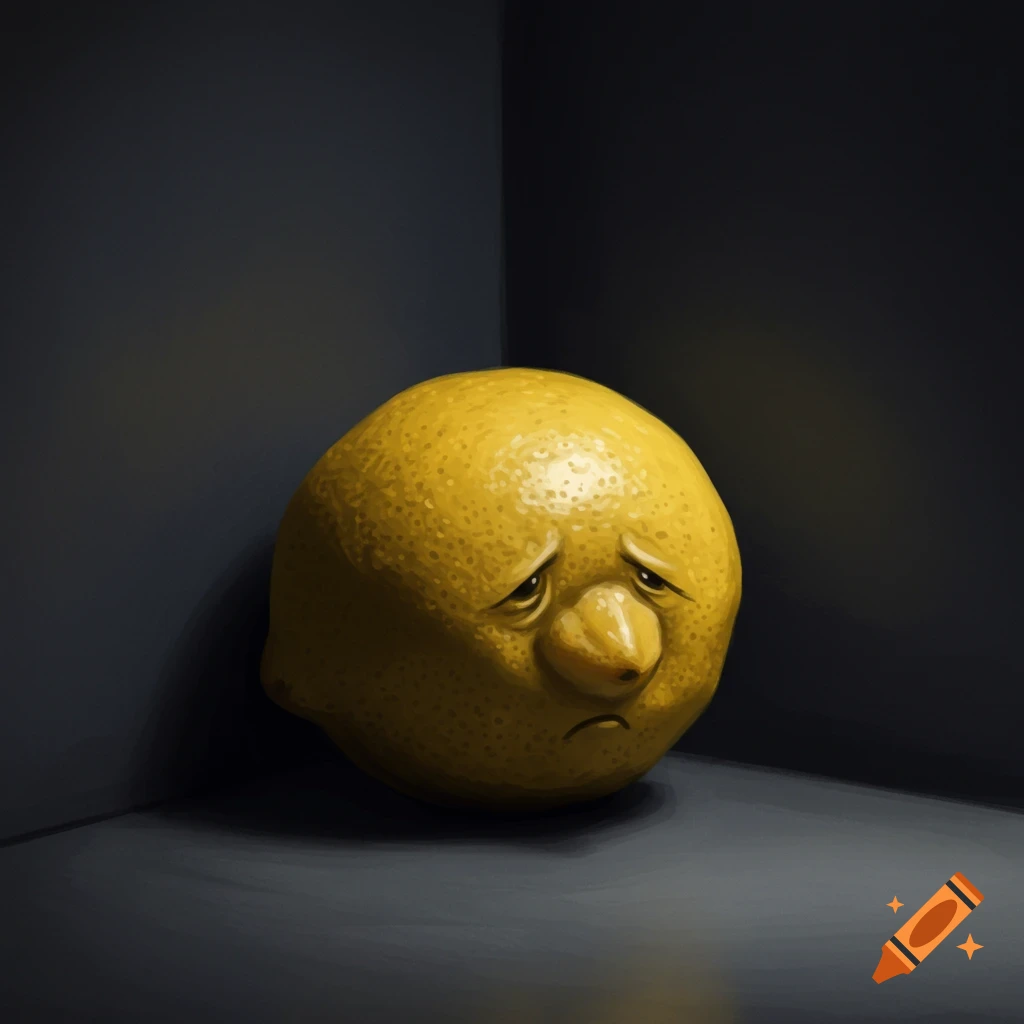 A sad anthropomorphic lemon sits in a dark corner.