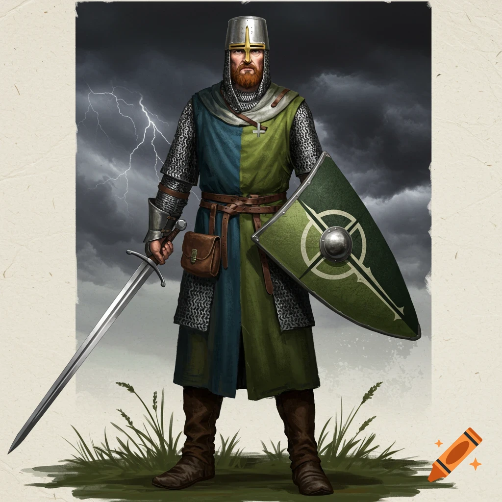 A medieval knight in chainmail armor holds a sword and shield with a symbol, standing in grass under a stormy sky.