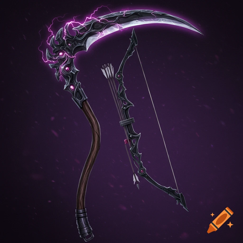 An ornate dark scythe with purple lightning and a matching bow and arrows.