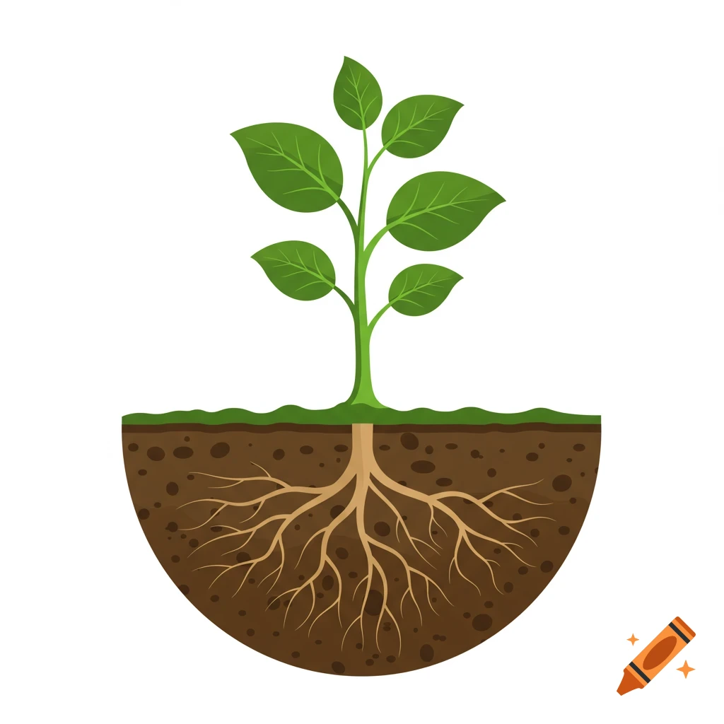 Vector illustration of a plant with roots in soil