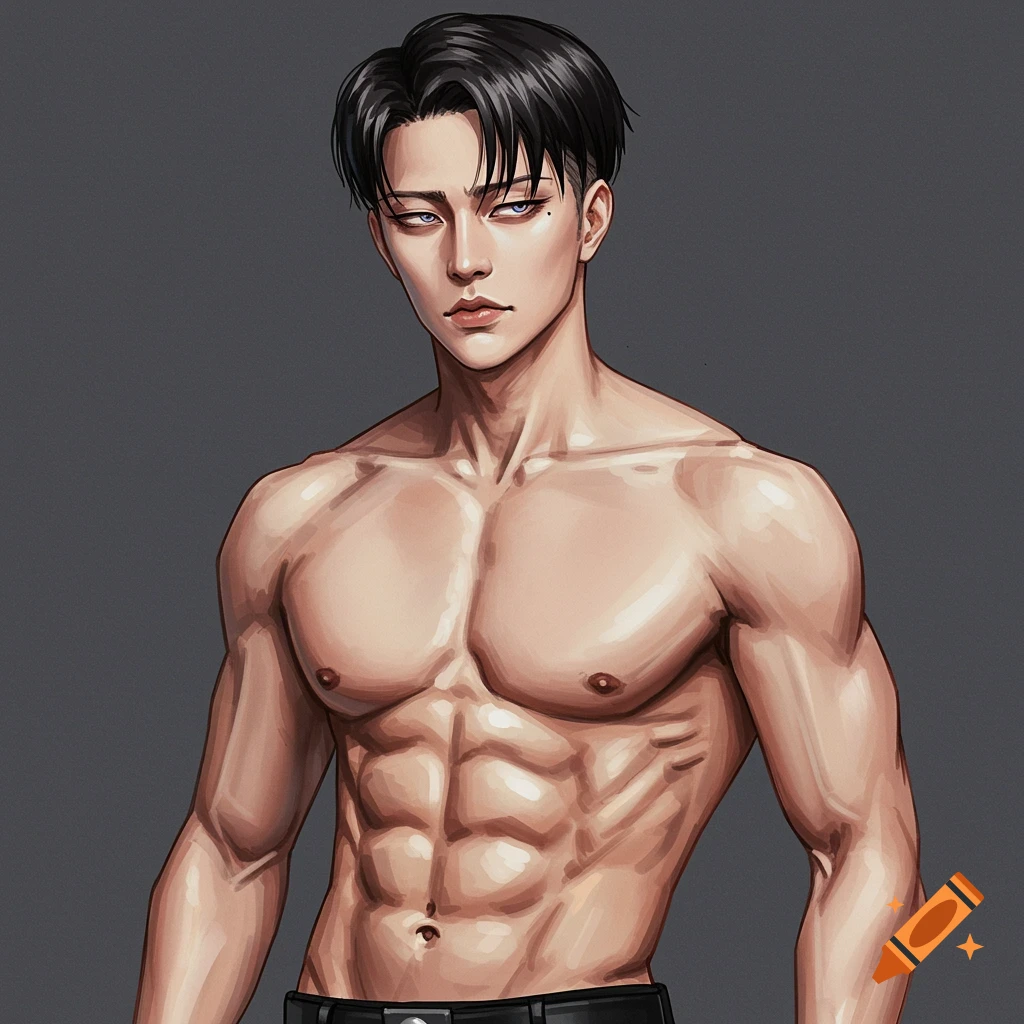 A muscular man with dark hair and light eyes.