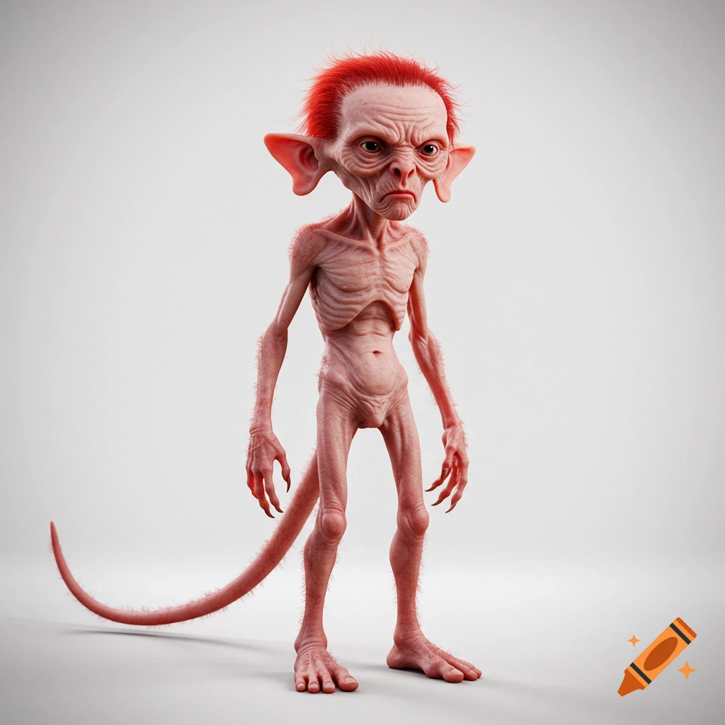 A skinny, hairless creature with red hair, large ears, and a tail stands on a white background.
