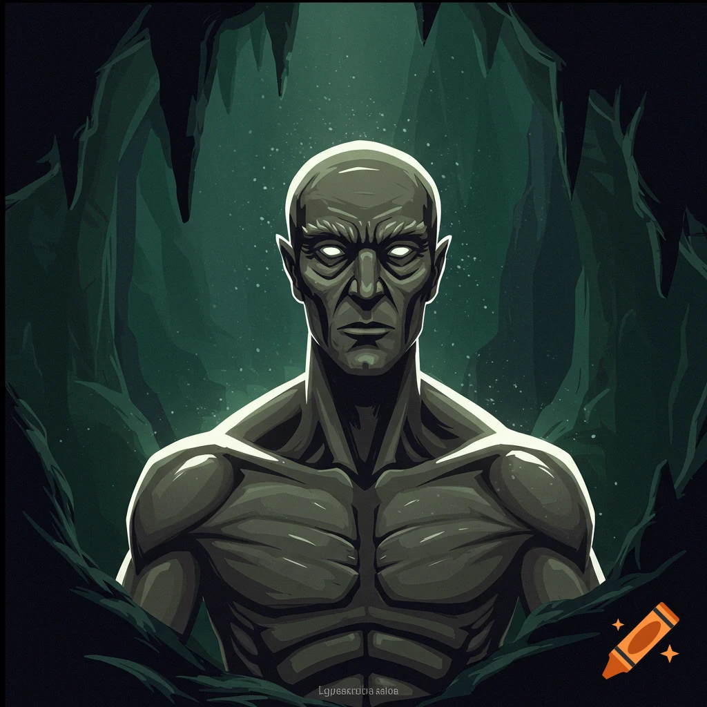A menacing figure with glowing eyes in a dark cave, stylized.