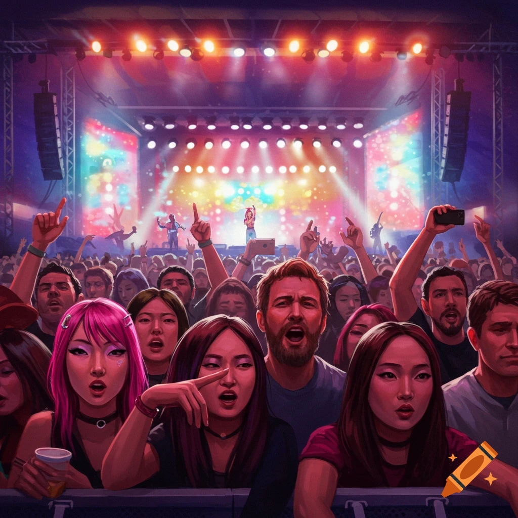 A large crowd watches a concert with bright lights on stage.