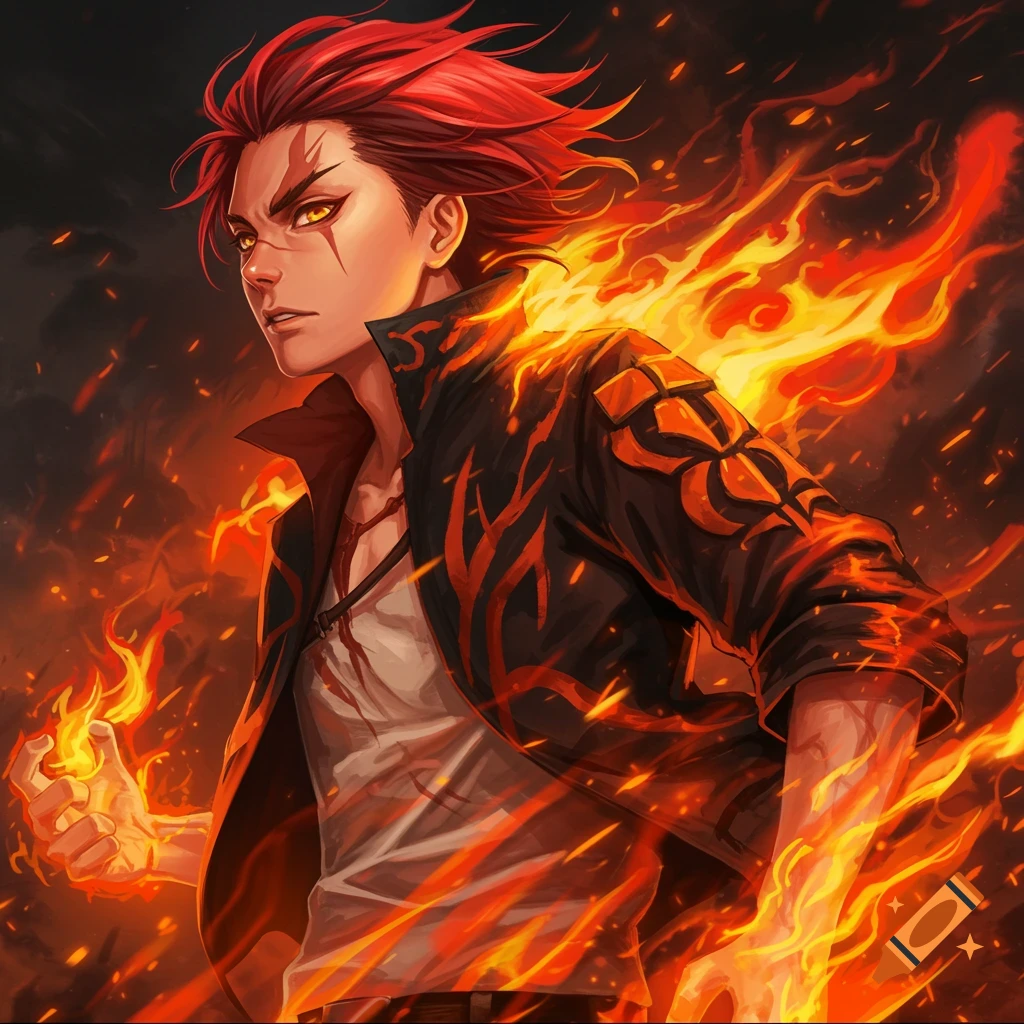 Anime character with red hair surrounded by fire