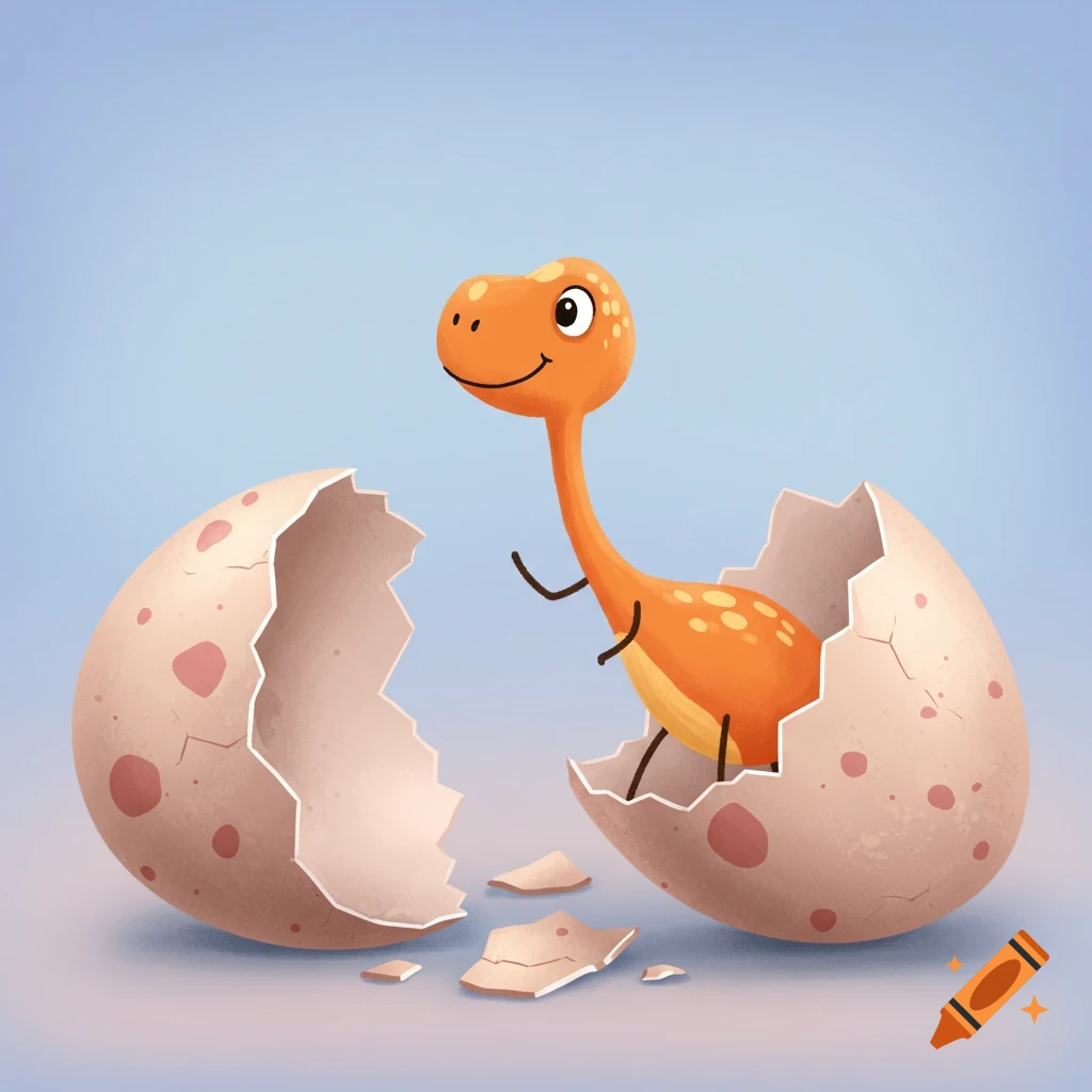 Cute cartoon dinosaur hatching from an egg