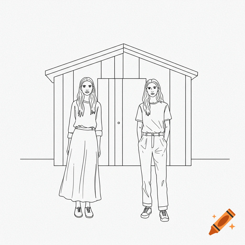 Line drawing of two women standing in front of a shed.