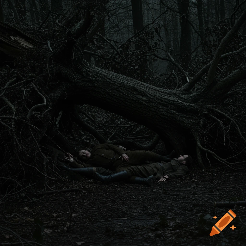 Two men in historical uniforms lie trapped under a fallen tree in a dark forest.