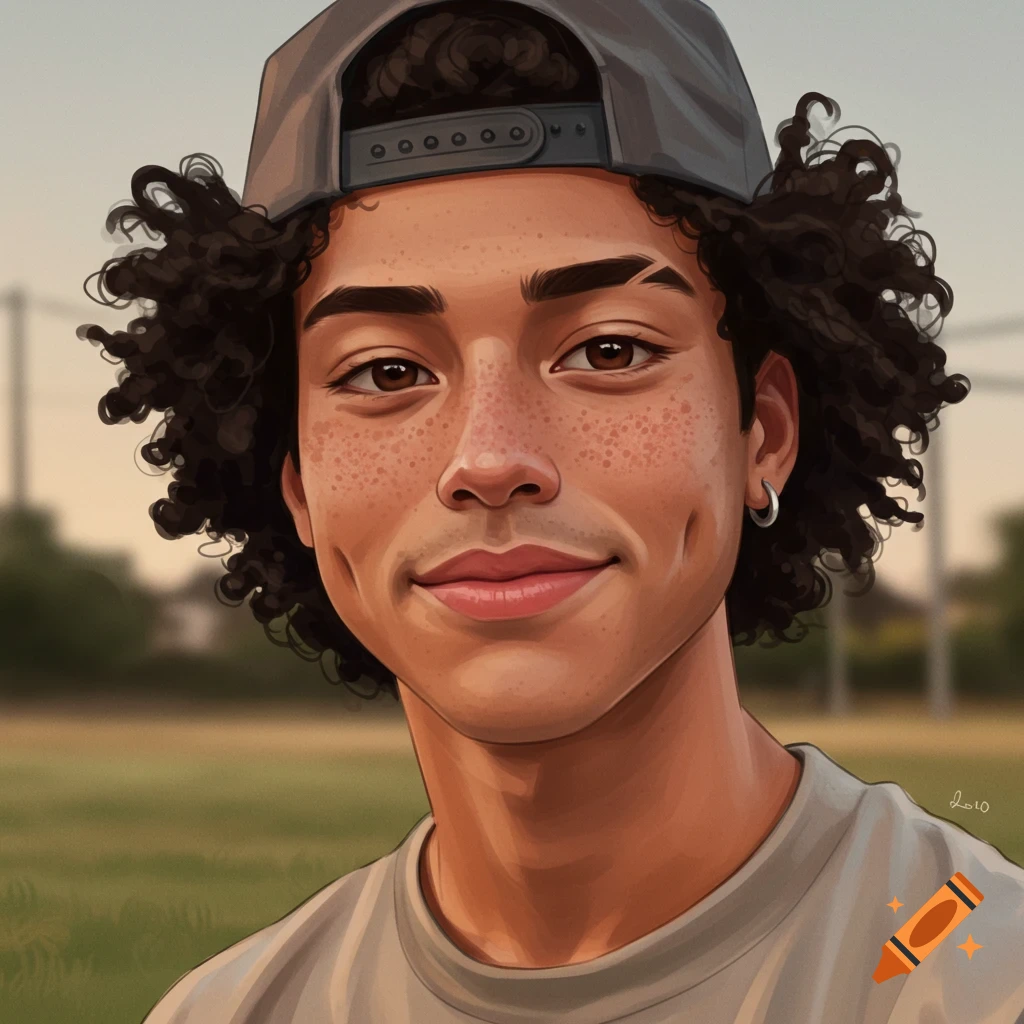 A young male with curly hair, freckles, dimples, and a backwards cap.