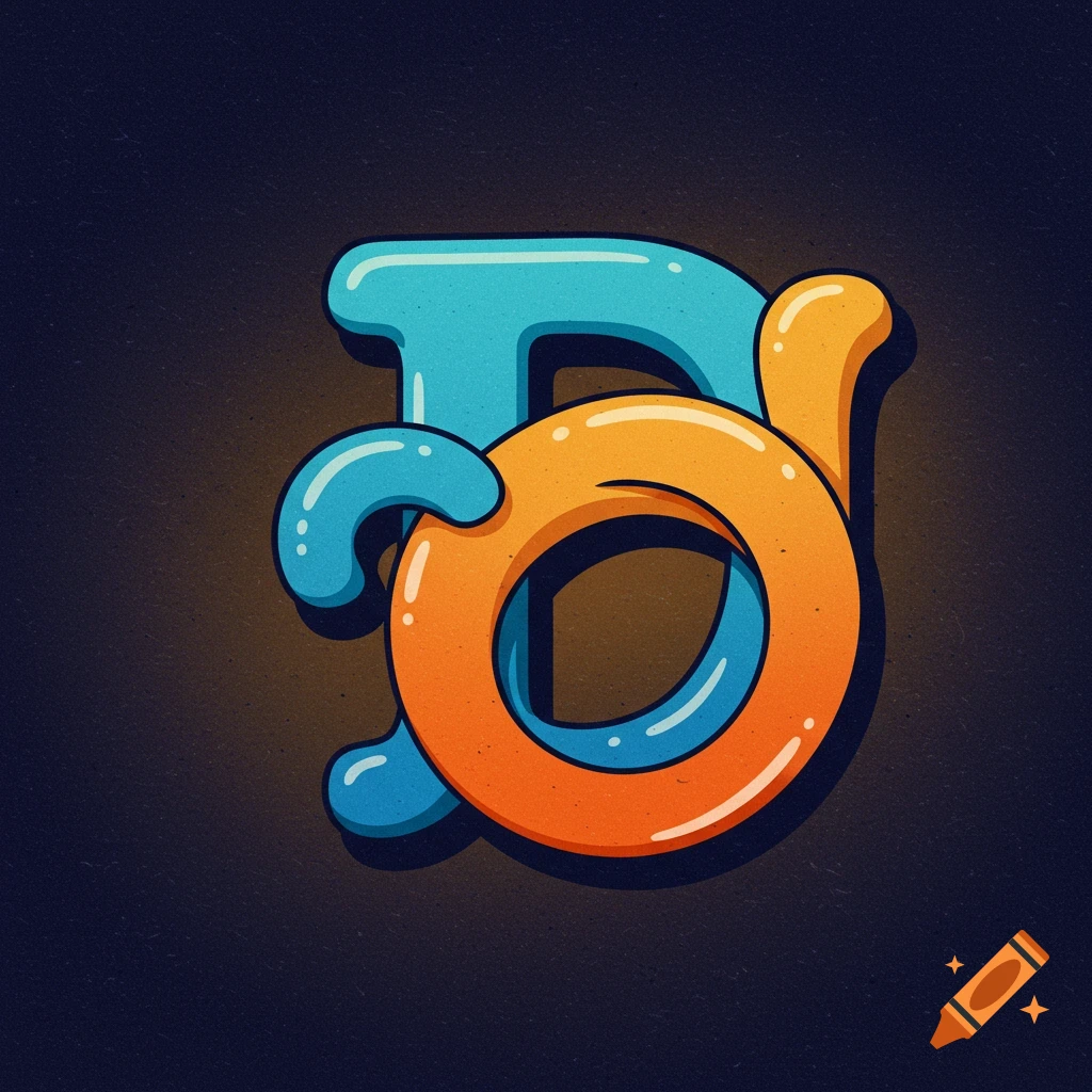 Graphic illustration of intertwined blue capital D and orange lowercase d in a glossy style on a dark background.