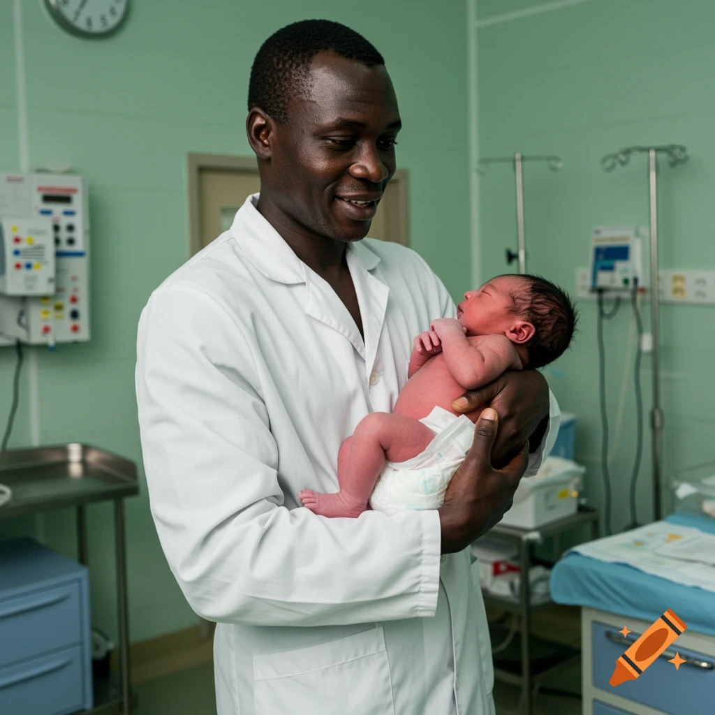 A man in a white coat holds a newborn baby in a hospital room.