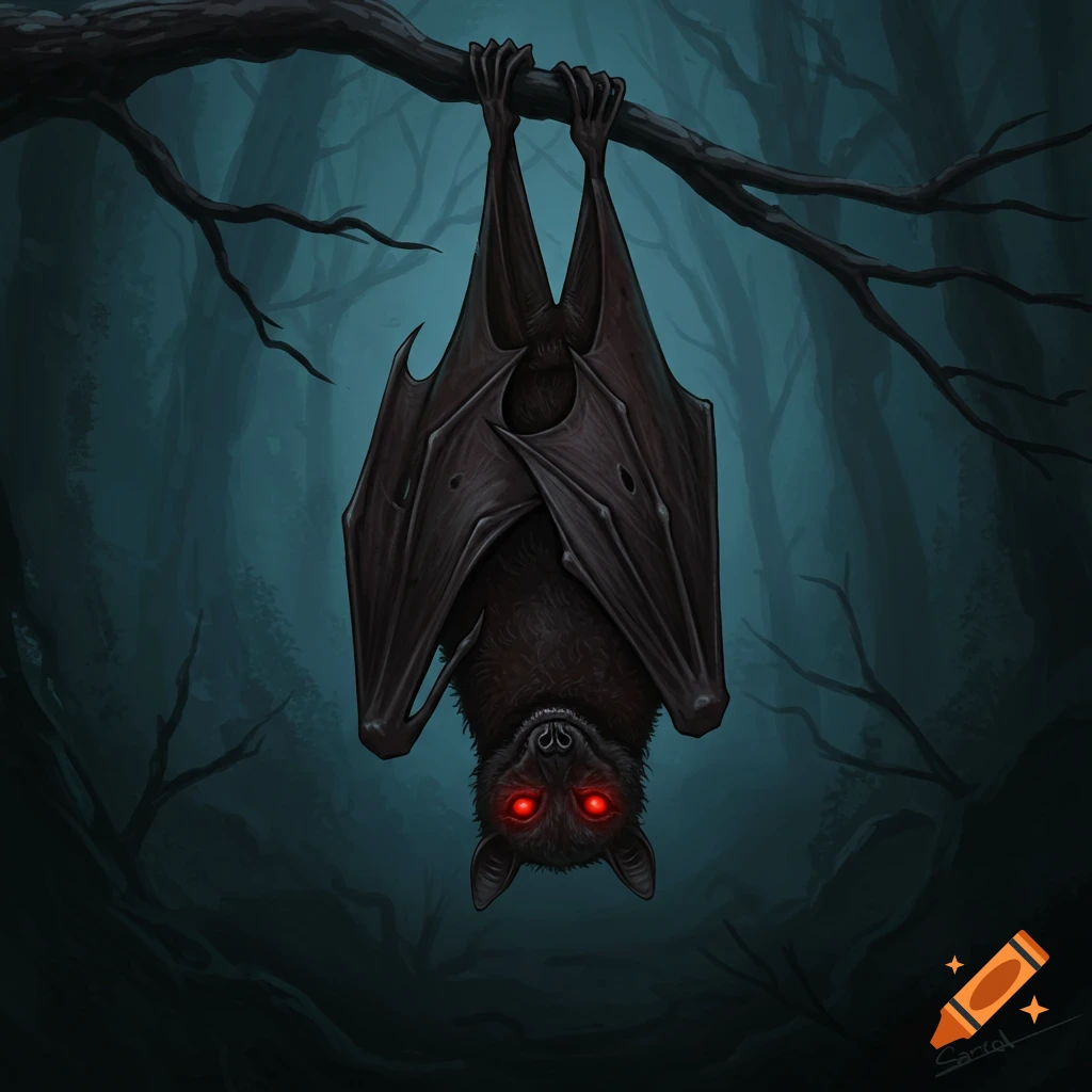 A creepy bat with red eyes hanging upside down on a branch in a dark forest.