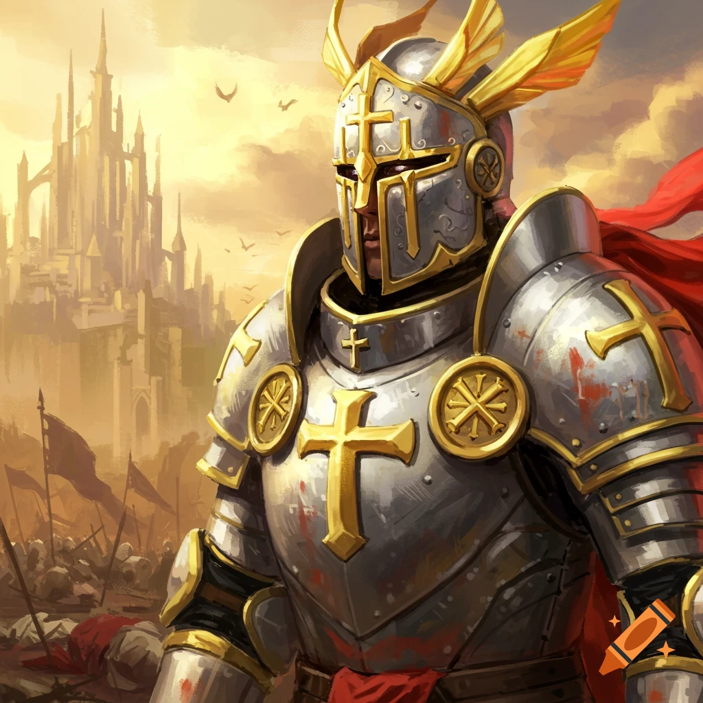 A knight in ornate armor stands before a battle and castle.