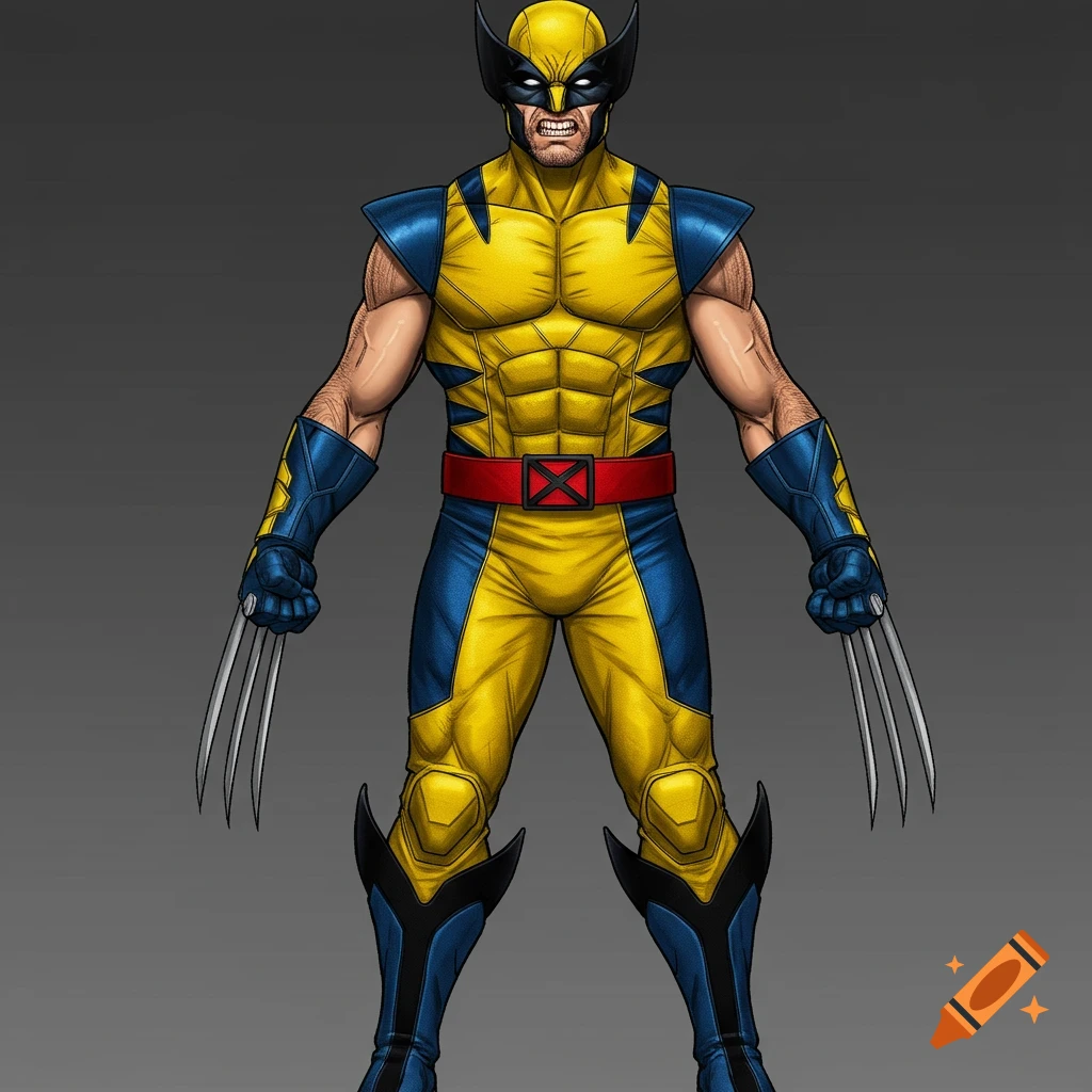 Comic book illustration of Wolverine in his yellow and blue costume with claws extended.