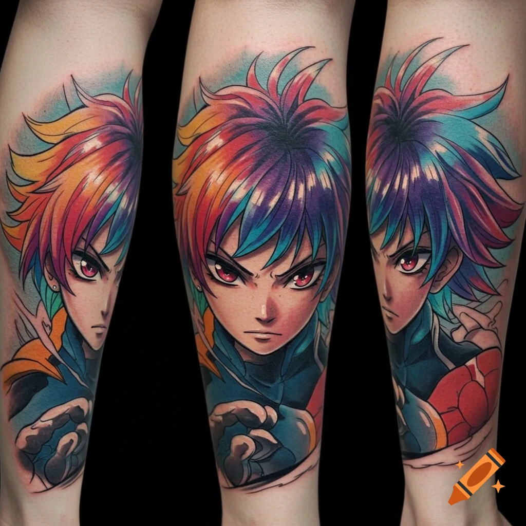 Colorful anime character tattoo on an arm showing multiple views.