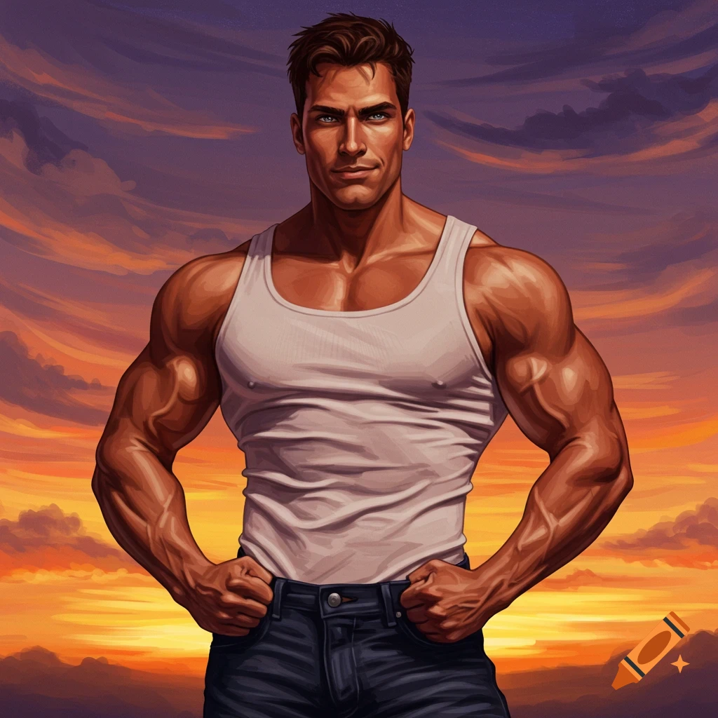 A muscular man in a white tank top and jeans stands against a sunset sky.