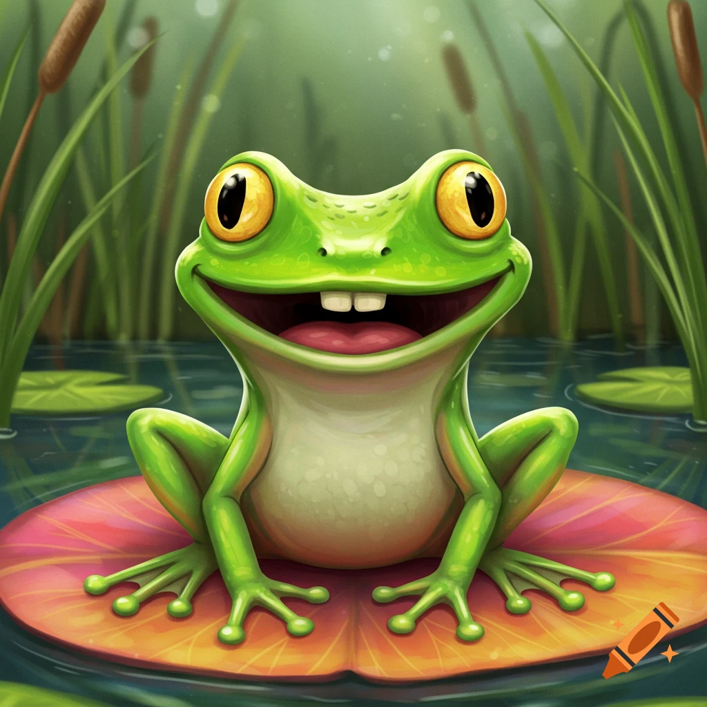 A smiling green frog sits on a lily pad in a pond.