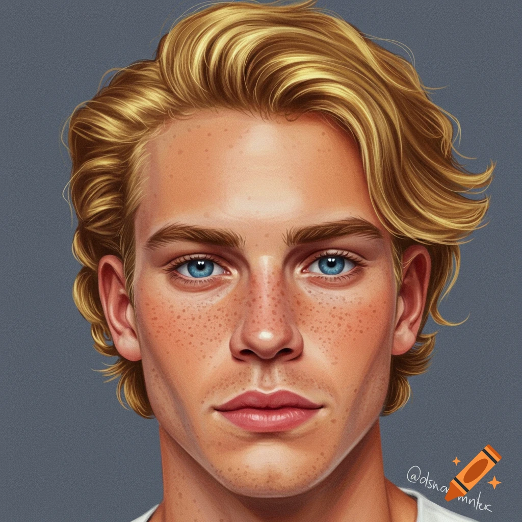 Close-up portrait of a young man with blond hair, blue eyes, and freckles.