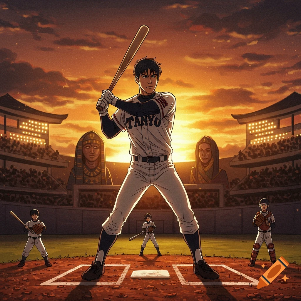 Emotional illustration of Toyo on a baseball field at sunset on Craiyon