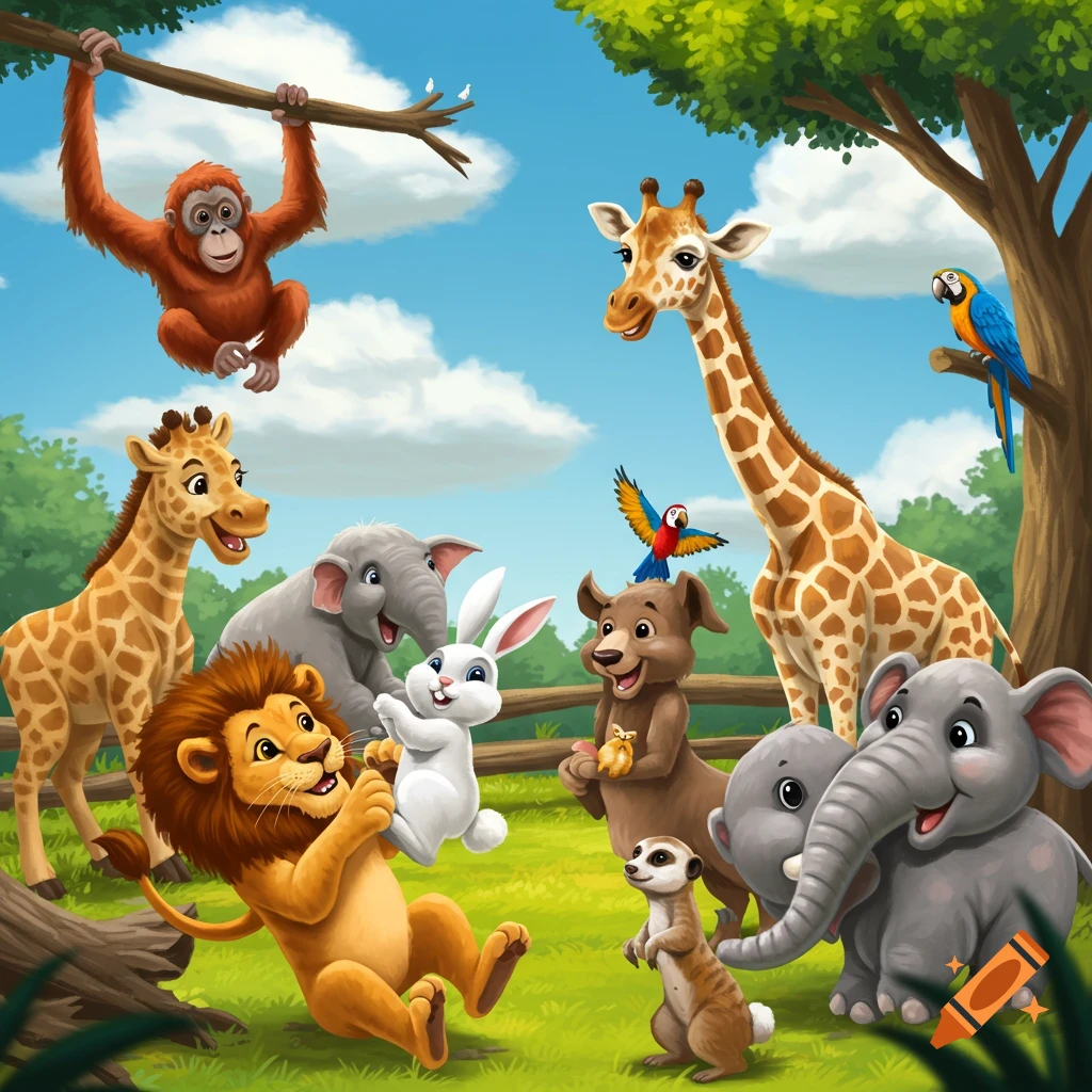 Happy zoo animals playing: orangutan, giraffes, elephants, lion, rabbit, dog, meerkat, macaws.