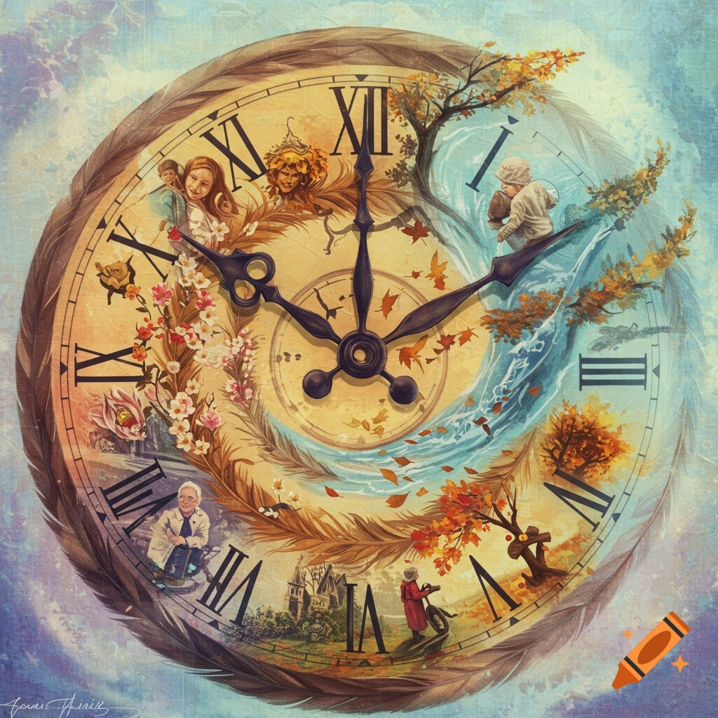 A clock face with Roman numerals, featuring allegorical scenes of the seasons and life stages within, surrounded by feathers.