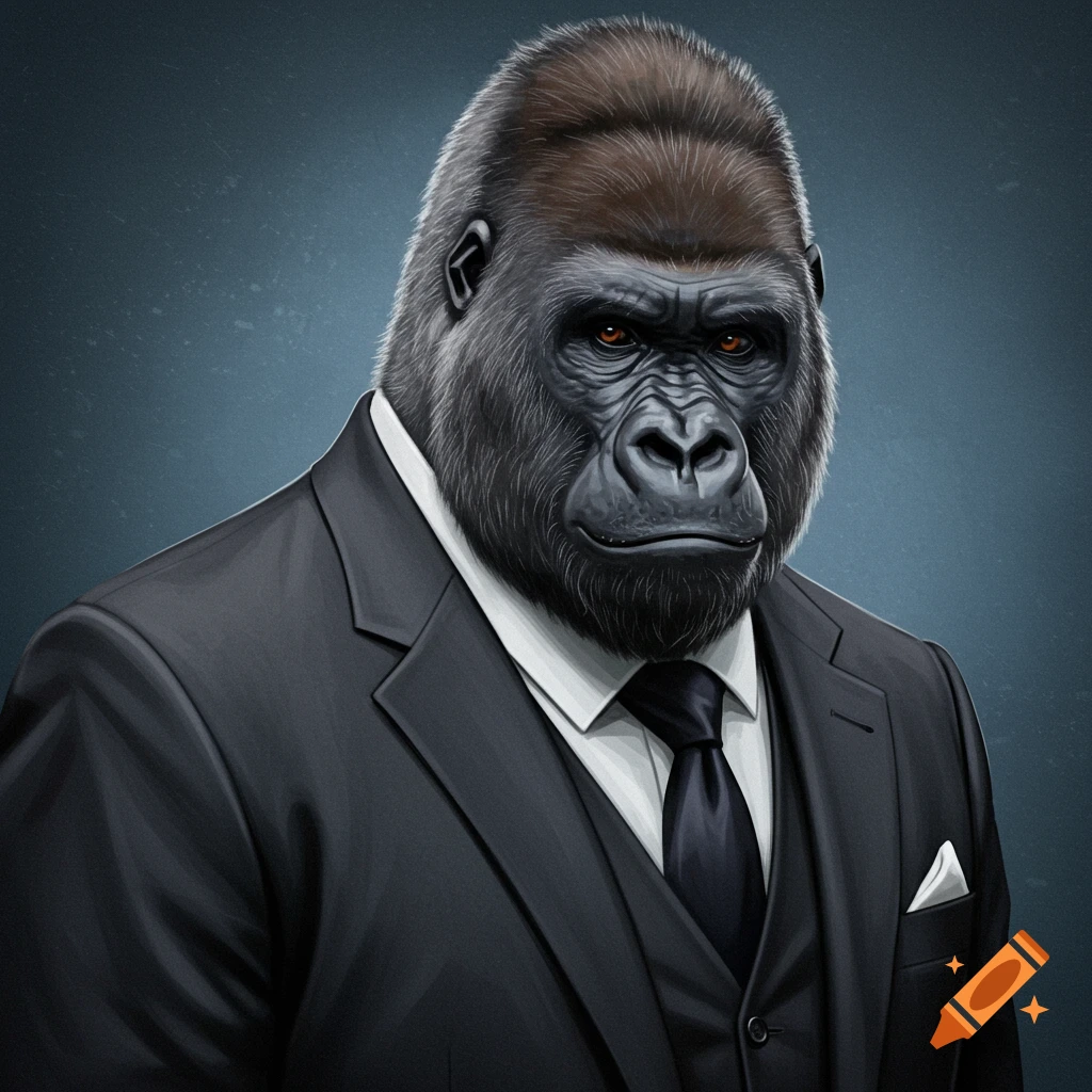 A gorilla is wearing a suit
