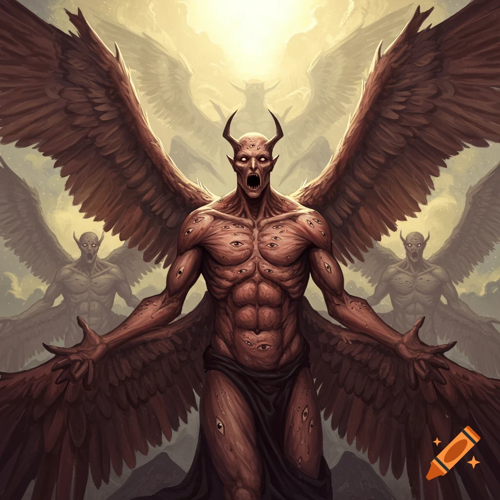 A multi-eyed winged figure with outstretched arms, with similar figures behind.