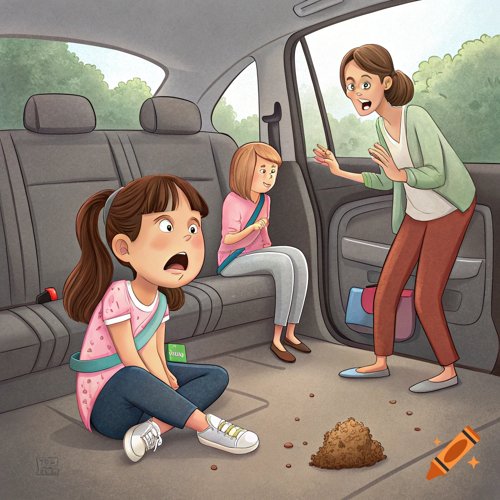 Illustration of a child sitting on a car floor next to poop, looking shocked, while an adult and another child react.