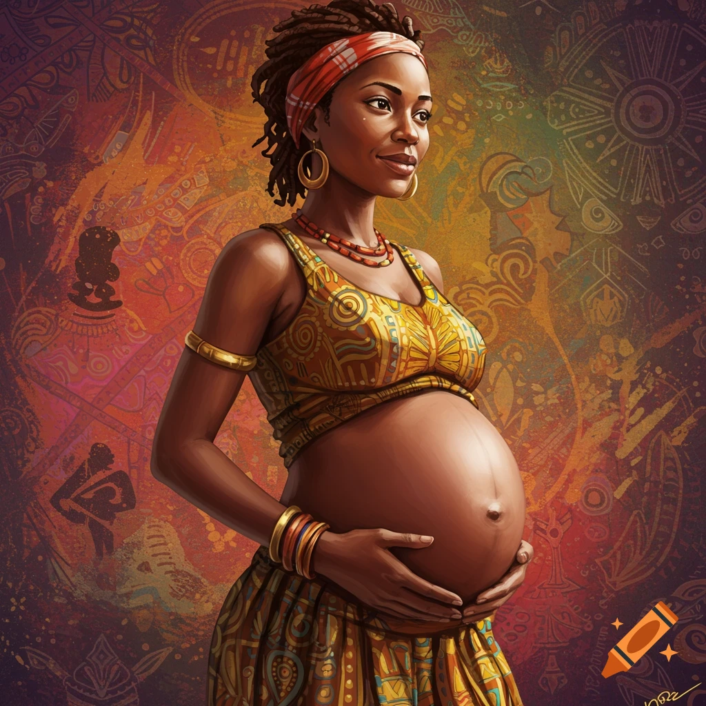 Painting of a pregnant woman with dreadlocks in a patterned dress holding her belly, against a tribal pattern background.
