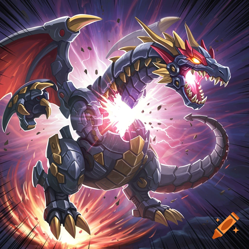 Dynamic illustration of a robotic dragon bursting with energy
