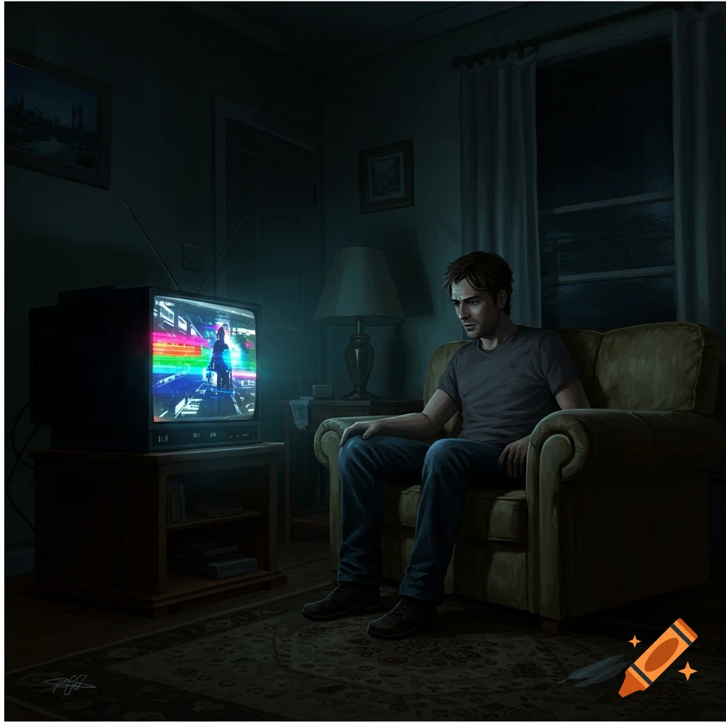 A man sits alone, watching TV in a dark room.