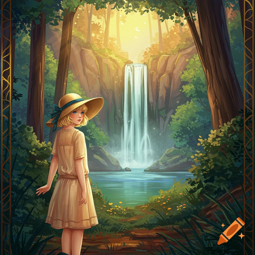 A girl in a straw hat looks at a waterfall in a forest.