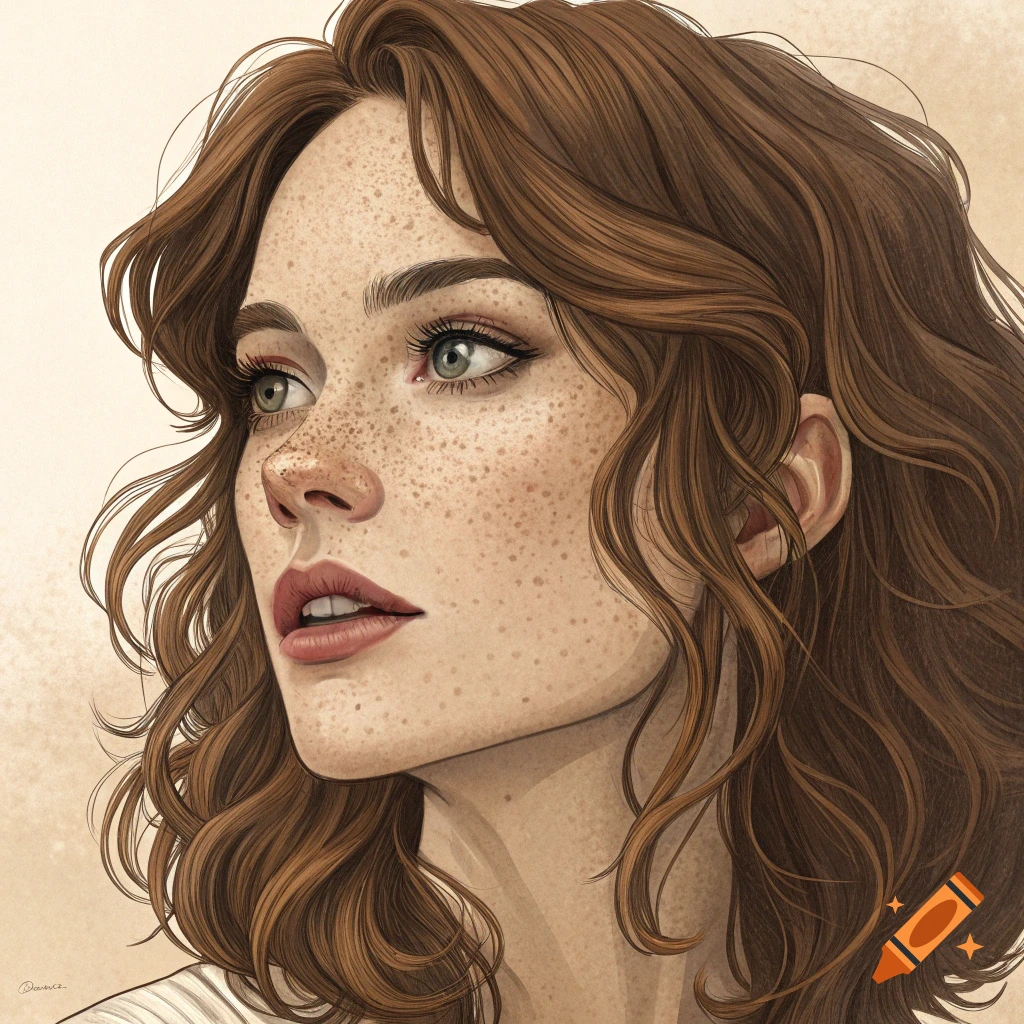 Digital illustration of a woman with freckles and wavy brown hair looking up.