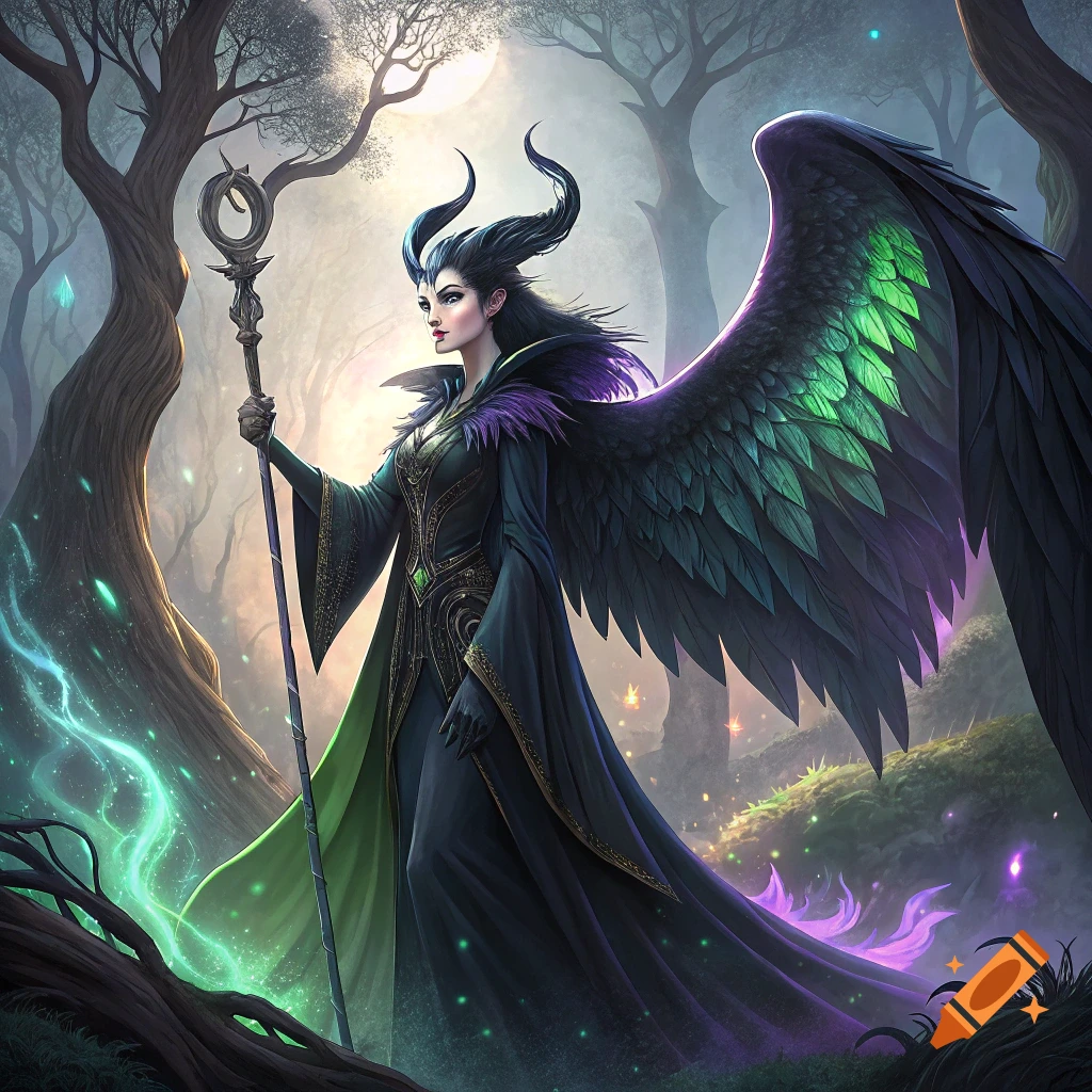 Fantasy character resembling Maleficent with large wings and staff in a magical forest.