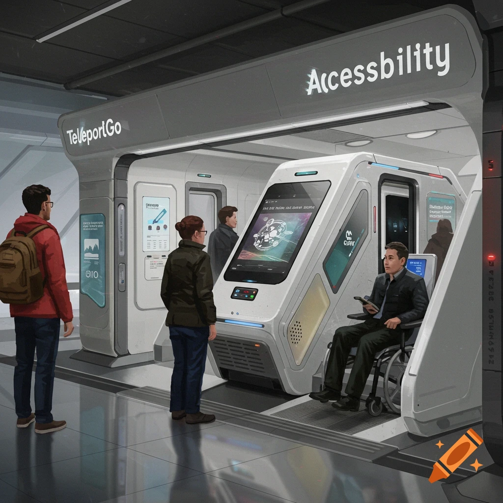 Futuristic transport station with people, including a person in a wheelchair, emphasizing accessibility.