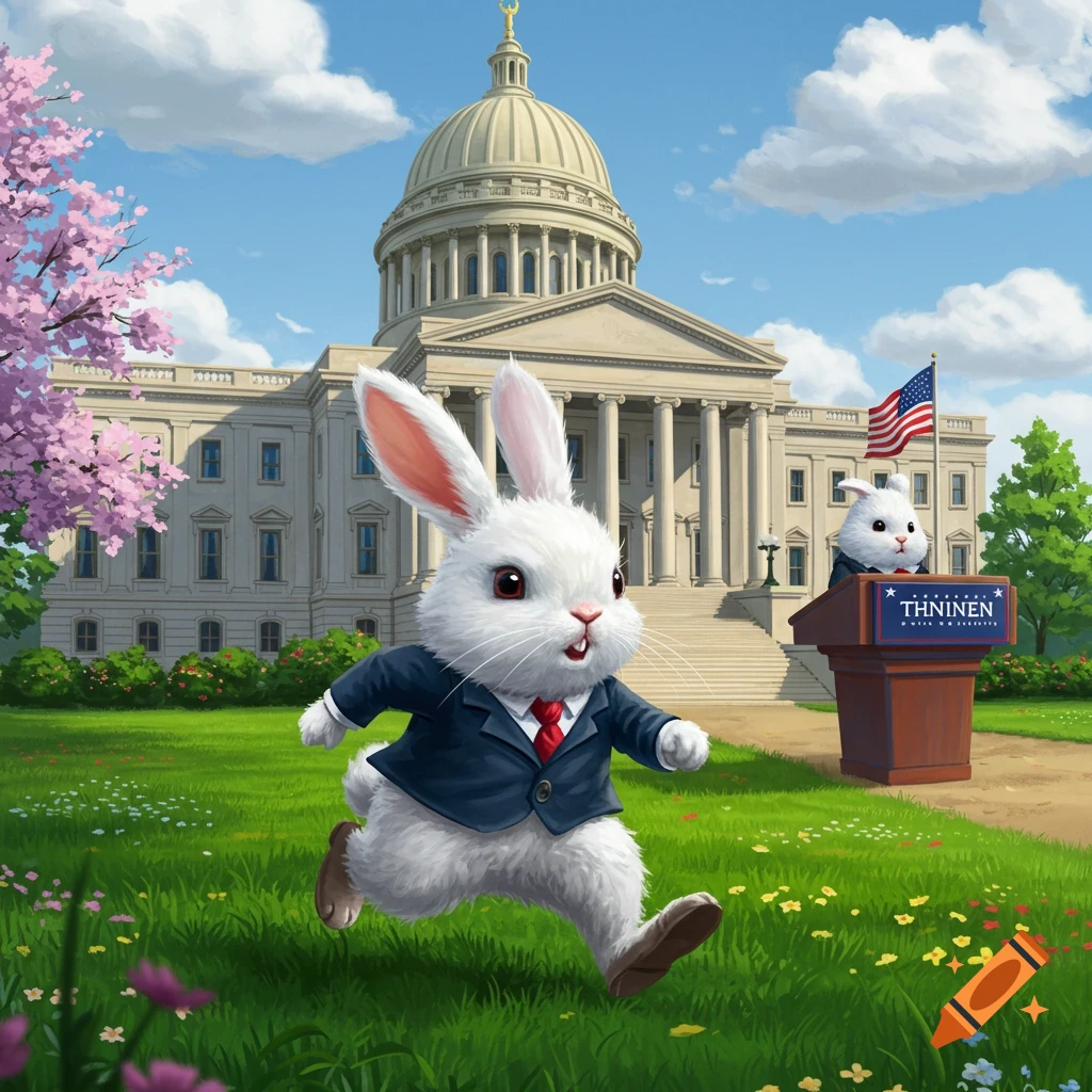 Anthropomorphic bunny in suit runs on lawn in front of Capitol building, another bunny at podium.
