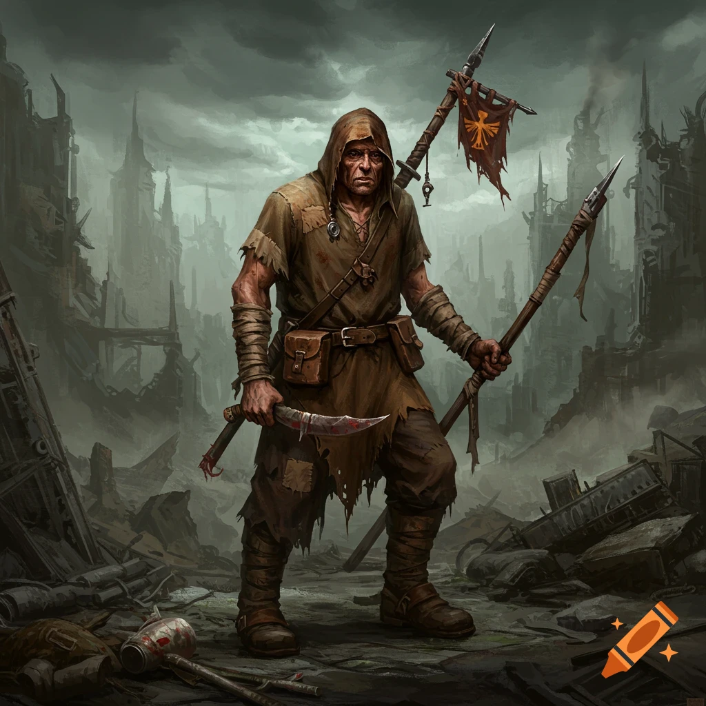 A rugged man holding weapons in a ruined city landscape.