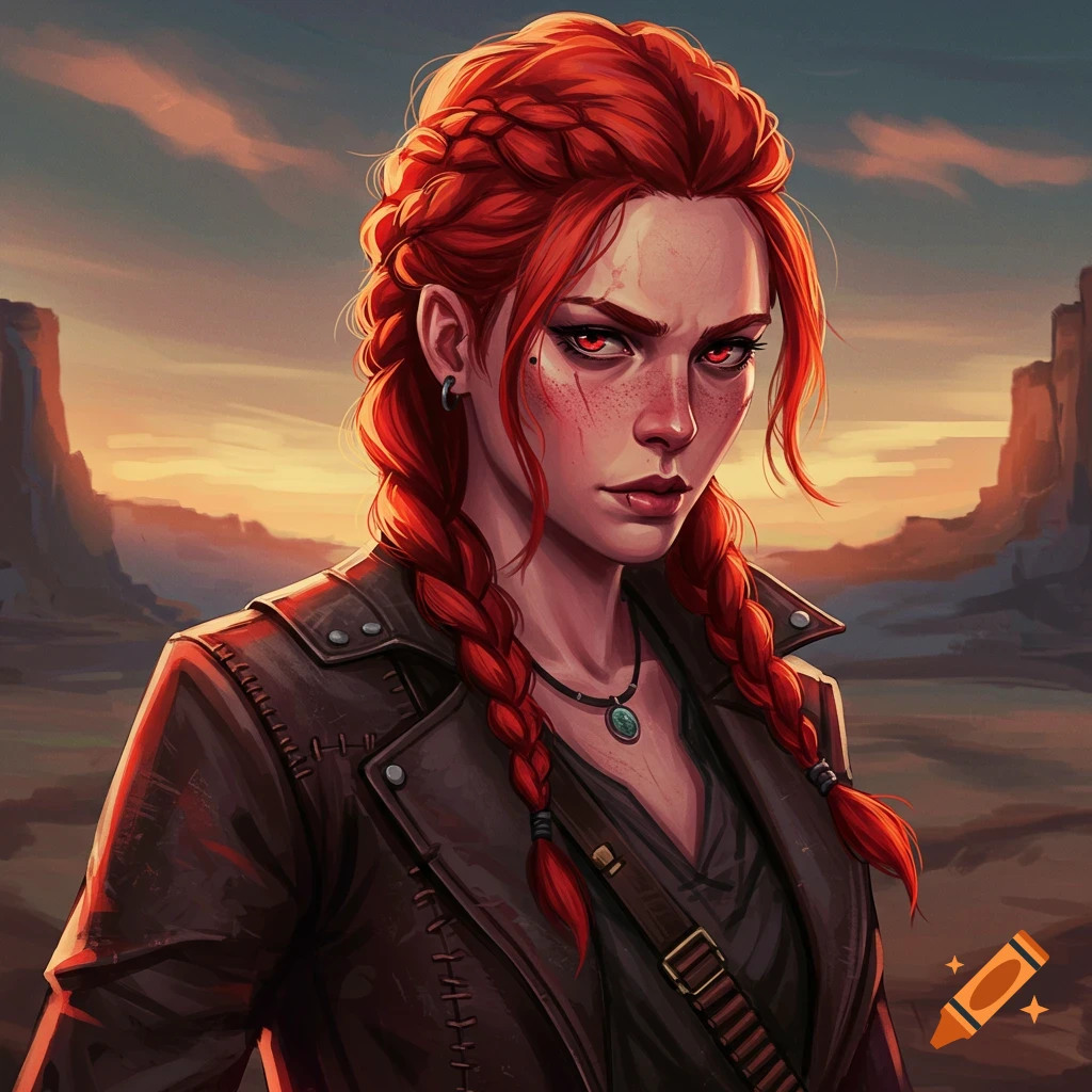 Young woman outlaw with red braided hair and red eyes, in a desert at sunset.