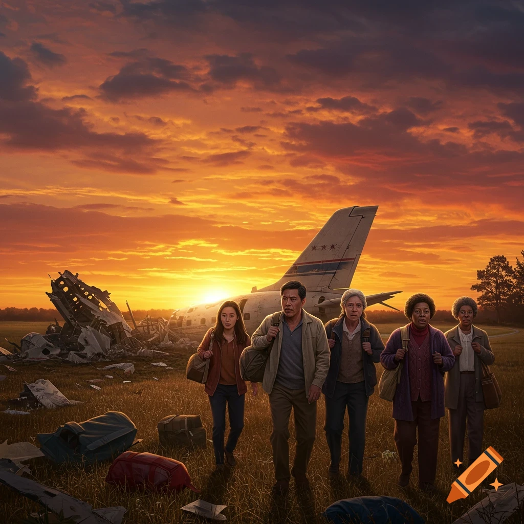 Survivors walk away from a crashed plane in a field at sunset.