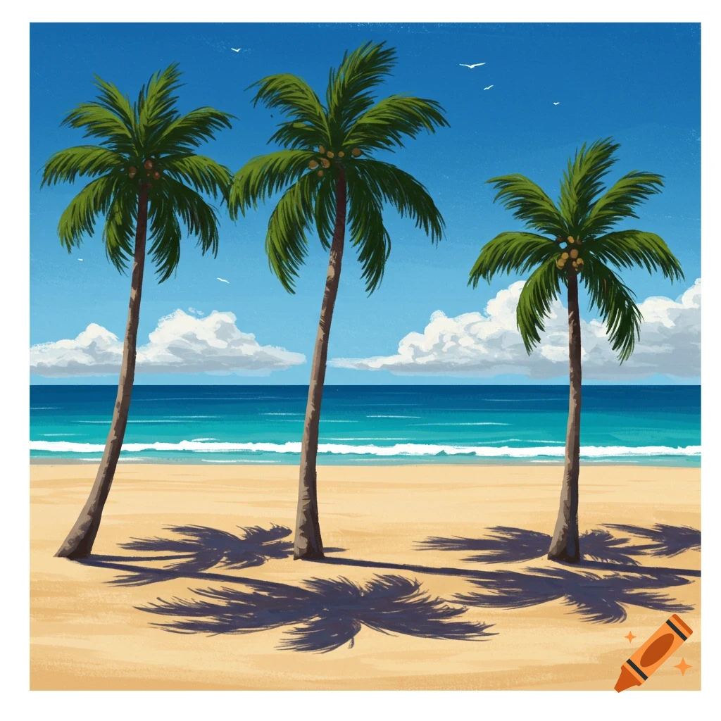 Three palm trees on a sandy beach with ocean, sky, clouds, and birds, shadows cast on the sand.