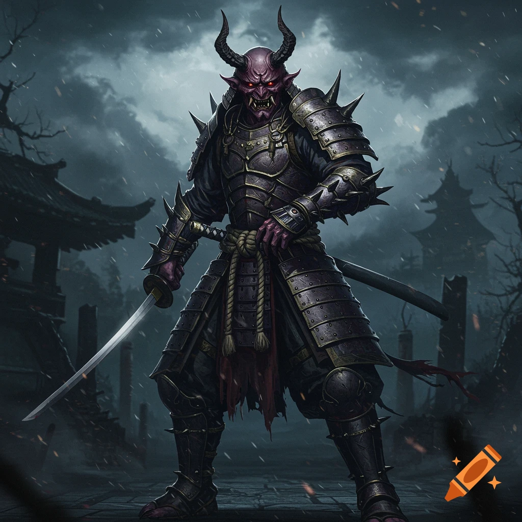A demonic oni samurai in spiked armor holds a katana under a dark, stormy sky.
