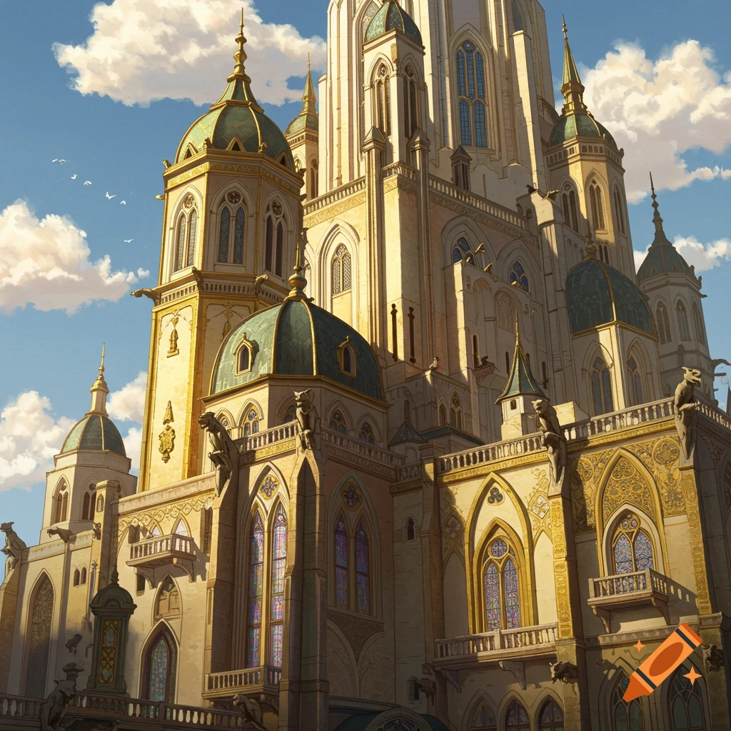 A large, ornate fantasy castle or cathedral under a cloudy sky.